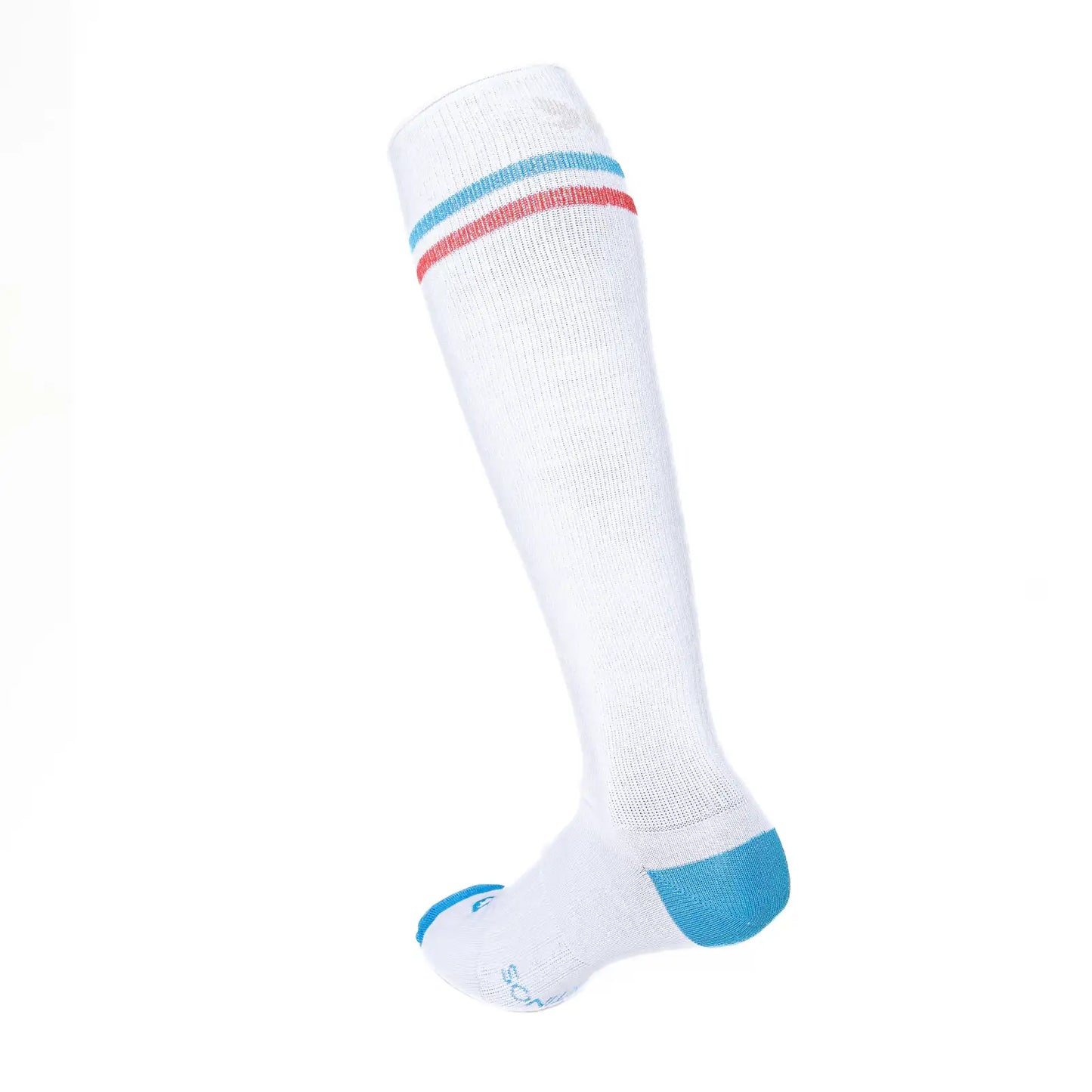 Calcetín compresivo de algodón alto, vintage aire retro. Color blanco con 2 rayas azul y roja