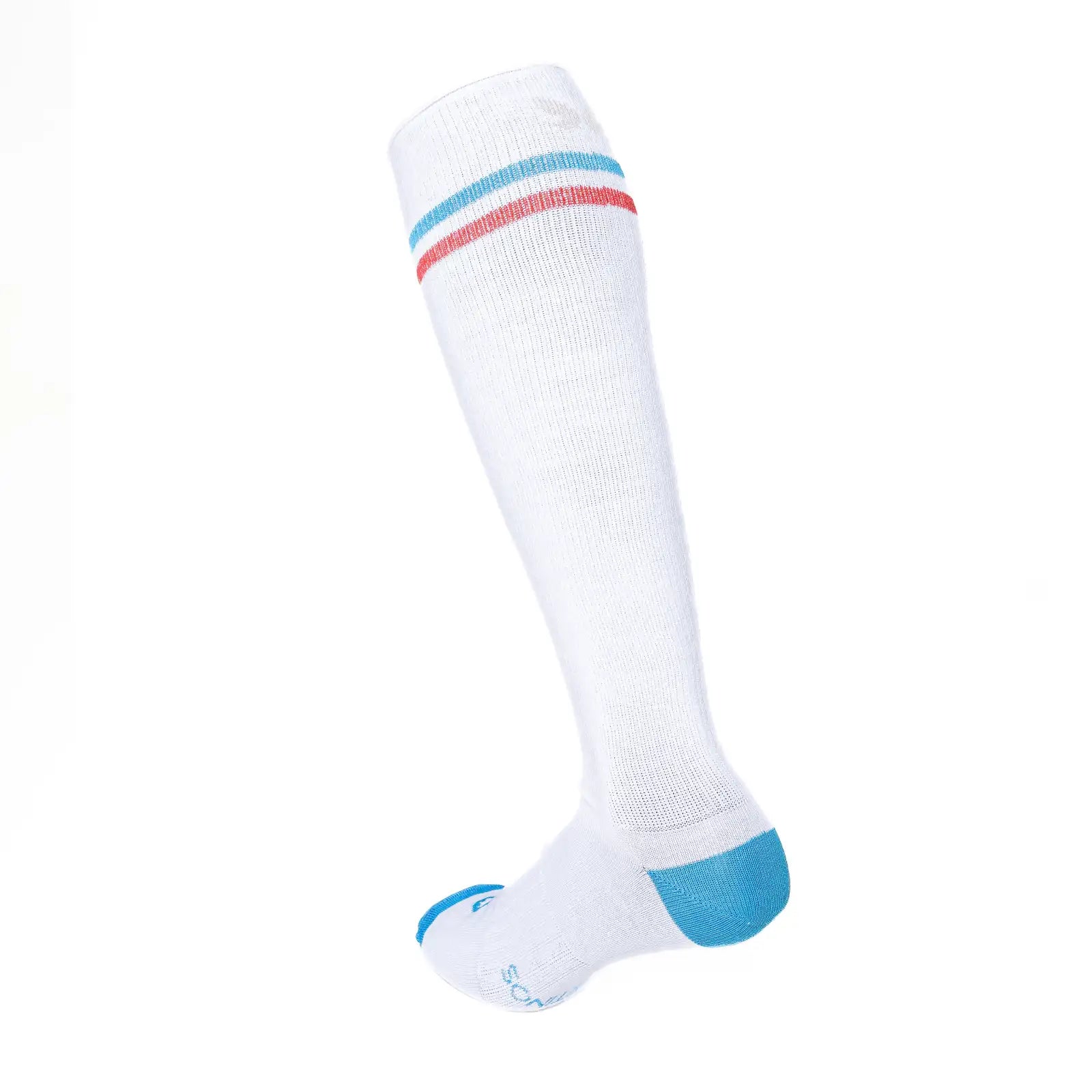 Calcetín compresivo de algodón alto, vintage aire retro. Color blanco con 2 rayas azul y roja