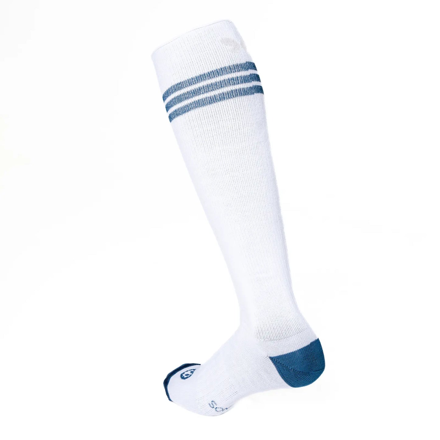 Calcetín compresivo de algodón alto, vintage aire retro. Color blanco con 3 rayas azules