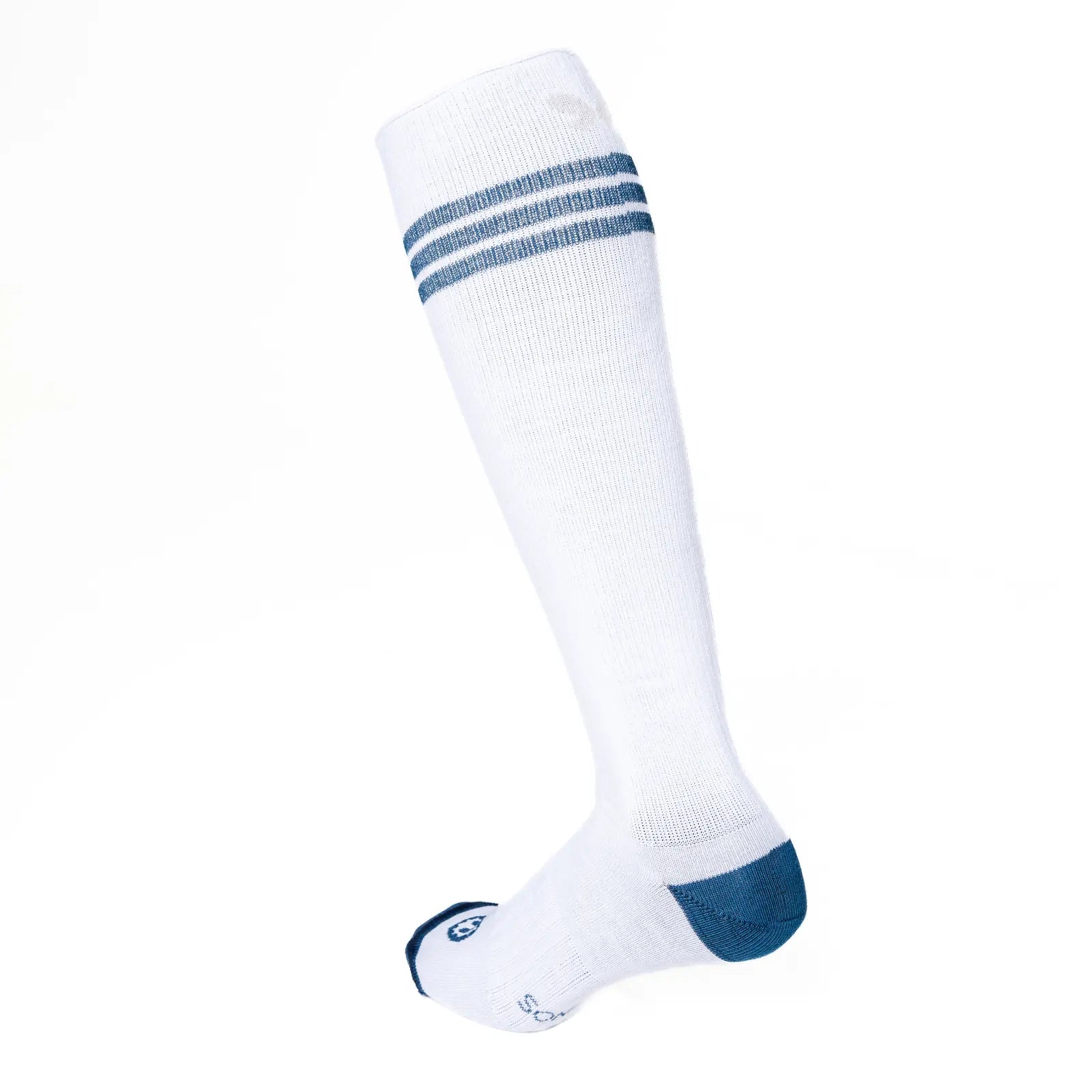 Calcetín compresivo de algodón alto, vintage aire retro. Color blanco con 3 rayas azules
