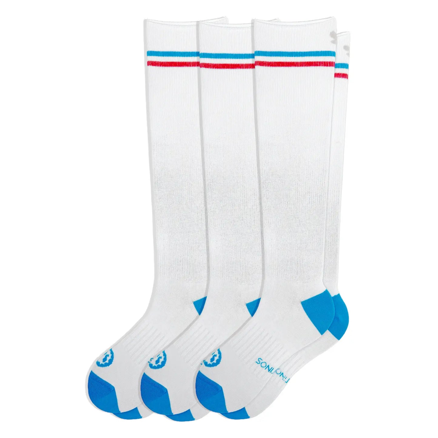 Pack Ahorro Calcetines Compresivos 3x2 modelo Vintage Tennis blanco con 2 rayas de color azul y rojo. Fabricados en algodón y compresión ligera