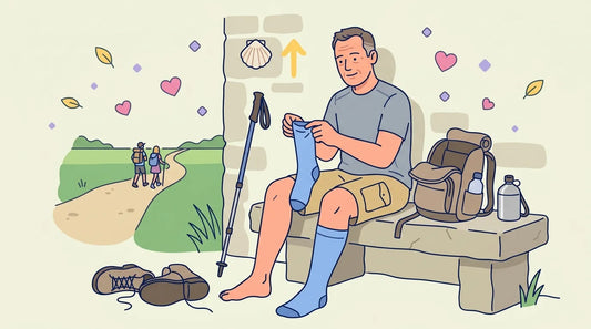 Peregrino revisando sus calcetines para el Camino de Santiago a la puerta de un albergue