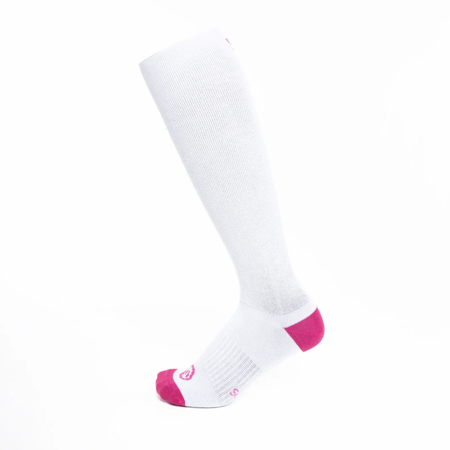 Calcetines con compresión de algodón, altos, color blanco con puntera y talón color rosa fucsia